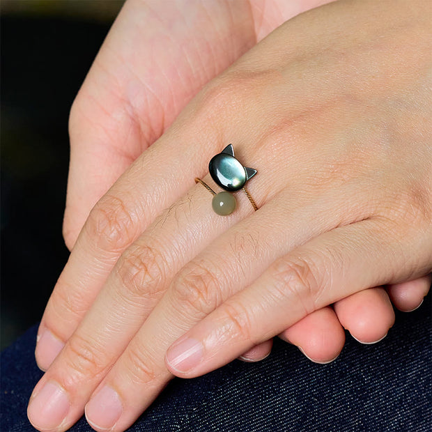 Buddha Stones Black Tridacna Stone Cat Jade Blessing Adjustable Ring - image 9