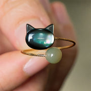Buddha Stones Black Tridacna Stone Cat Jade Blessing Adjustable Ring - Adjustable - image 1