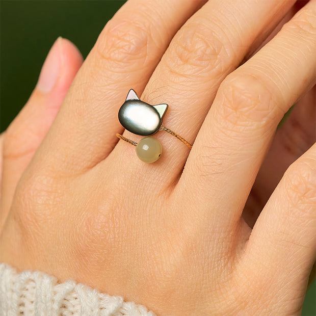 Buddha Stones Black Tridacna Stone Cat Jade Blessing Adjustable Ring - image 8