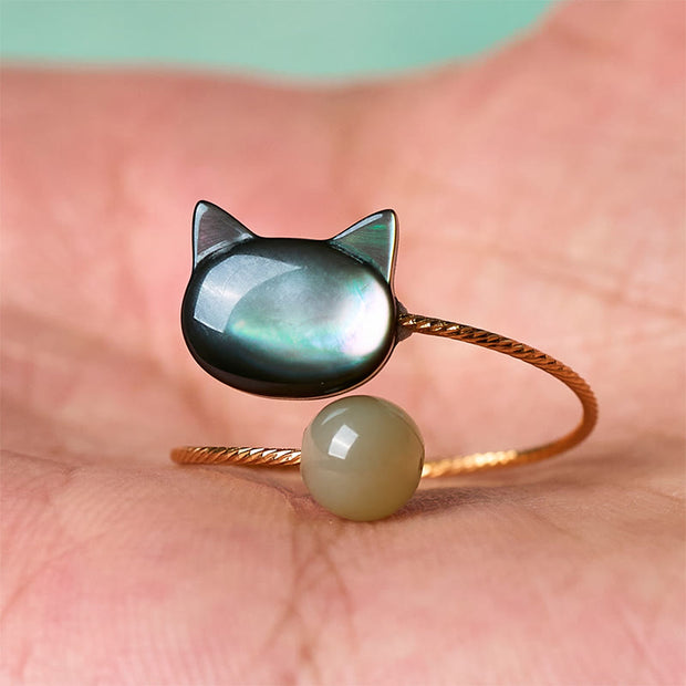 Buddha Stones Black Tridacna Stone Cat Jade Blessing Adjustable Ring - image 12