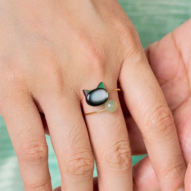 Buddha Stones Black Tridacna Stone Cat Jade Blessing Adjustable Ring - image 5
