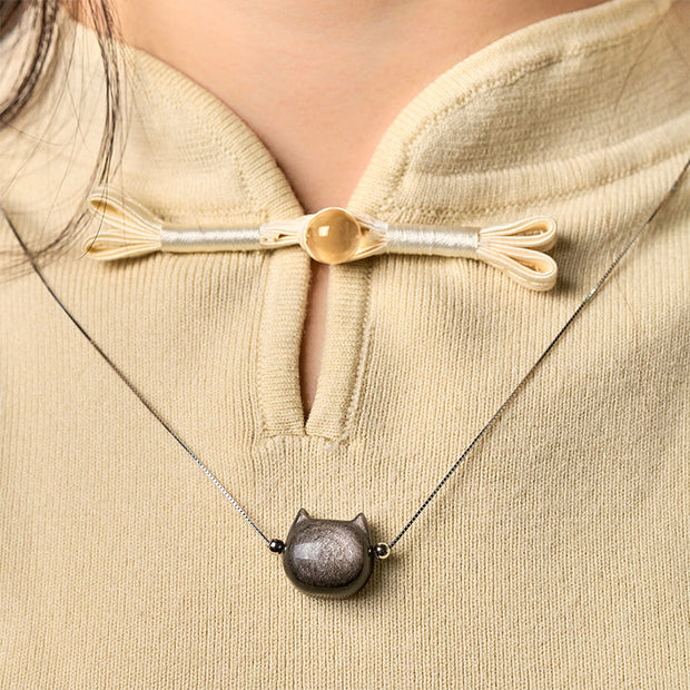 Buddha Stones 925 Sterling Silver Natural Silver Sheen Obsidian Gold Sheen Obsidian Cat Necklace - image 2