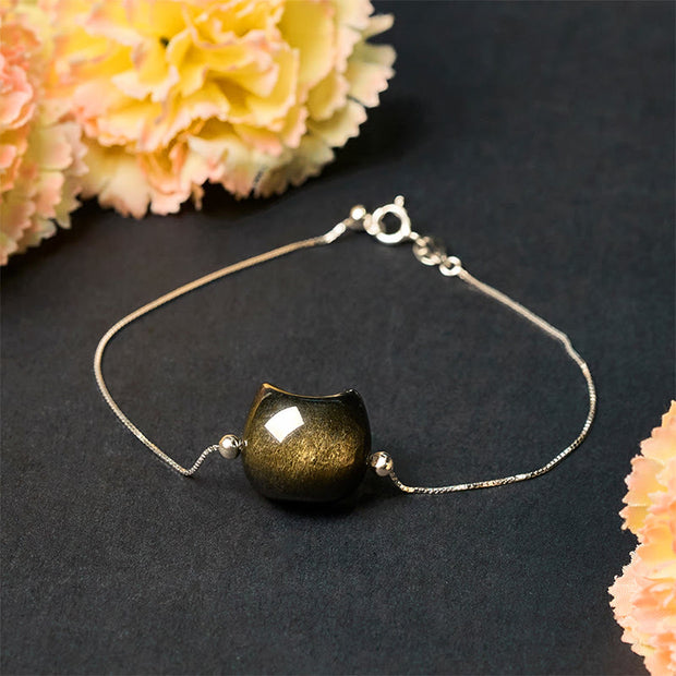 Buddha Stones 925 Sterling Silver Silver Sheen Obsidian Gold Sheen Obsidian Cat Soothing Bracelet - image 15