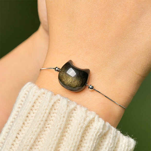 Buddha Stones 925 Sterling Silver Silver Sheen Obsidian Gold Sheen Obsidian Cat Soothing Bracelet - image 14