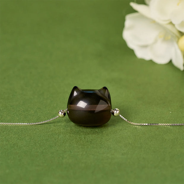 Buddha Stones 925 Sterling Silver Cat Natural Ice Obsidian Positive Bracelet - image 2