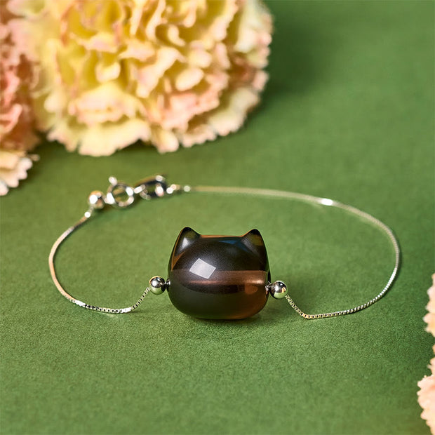 Buddha Stones 925 Sterling Silver Cat Natural Ice Obsidian Positive Bracelet - 18-22cm - image 1