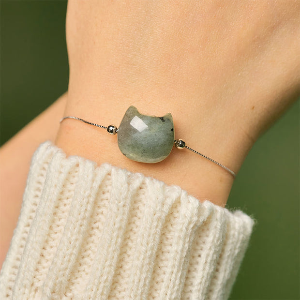 Buddha Stones 925 Sterling Silver Faceless Cat Head Natural Labradorite Healing Bracelet - image 5