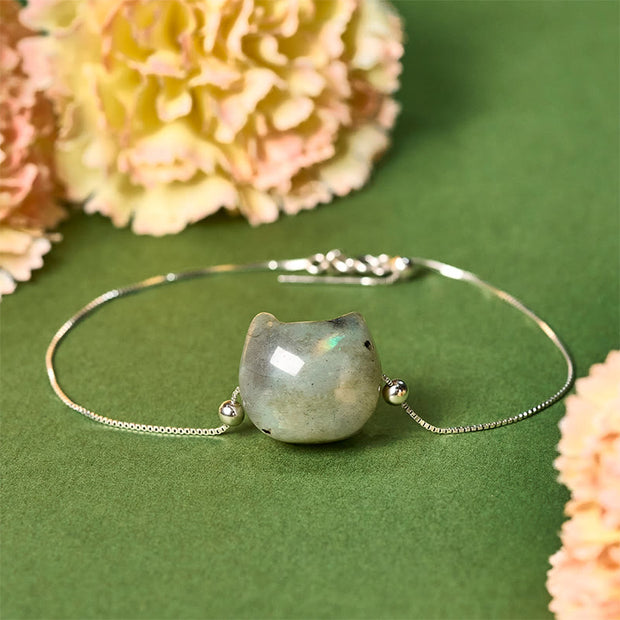 Buddha Stones 925 Sterling Silver Faceless Cat Head Natural Labradorite Healing Bracelet - 18-22cm - image 1
