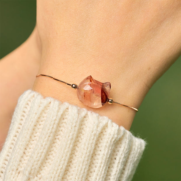 Buddha Stones 925 Sterling Silver Faceless Cat Head Natural Red Flower Quartz Passion Bracelet - image 5