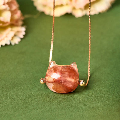 Buddha Stones 925 Sterling Silver Cat Head Natural Red Flower Quartz Protection Necklace Pendant - Inclusion Quartz - image 1