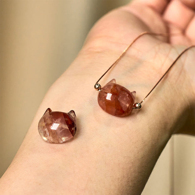 Buddha Stones 925 Sterling Silver Cat Head Natural Red Flower Quartz Protection Necklace Pendant - image 11
