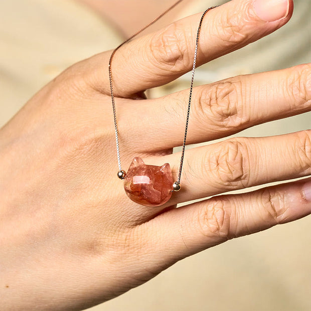 Buddha Stones 925 Sterling Silver Cat Head Natural Red Flower Quartz Protection Necklace Pendant - image 9