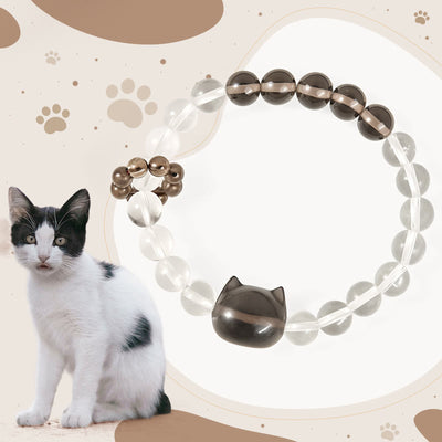 Buddha Stones Japanese Bobtail Cat Natural White Crystal Smoky Quartz Protection Bracelet - Japanese Bobtail Cat(Wrist Circumference: 14-16cm) - image 1
