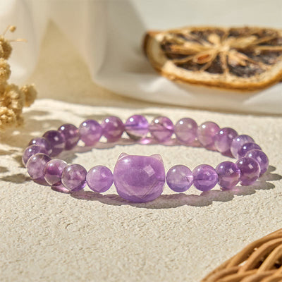 Buddha Stones Cute Cat Face Amethyst Spiritual Awareness Bracelet - Amethyst(Wrist Circumference 17-22cm) - image 1