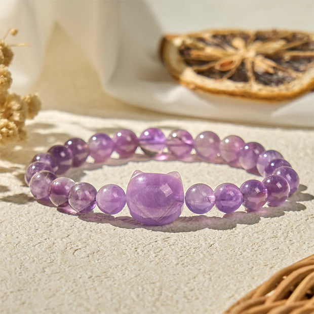 Buddha Stones Cute Cat Face Amethyst Spiritual Awareness Bracelet - Amethyst(Wrist Circumference 17-22cm) - image 1