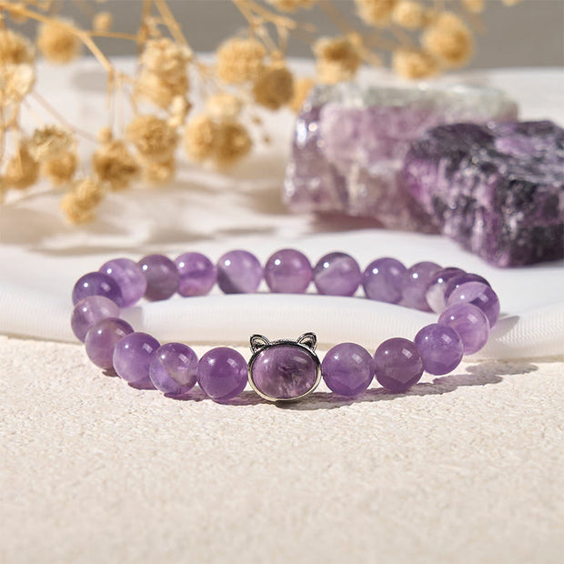 Buddha Stones Cute Cat Face Amethyst Relieves Stress Bracelet - image 2