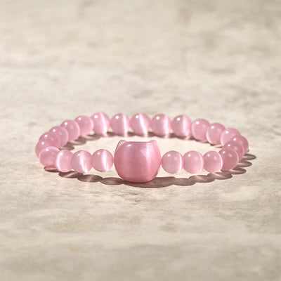 Buddha Stones Lovely Cat Head Pink Cat's Eye White Cat's Eye Spiritual Beads Bracelet - Pink Cat's Eye(Wrist Circumference:15-20cm) - image 1
