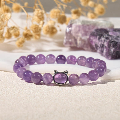 Buddha Stones Natural Amethyst Bead Cute Cat Healing Bracelet - Amethyst(Wrist Circumference: 14-16cm) - image 1