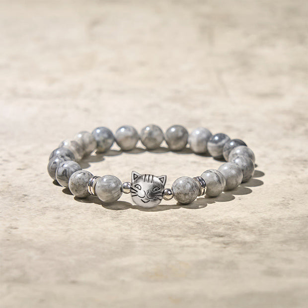 Buddha Stones Cute Cat Natural Grey Jasper Bead Healing Bracelet - image 5