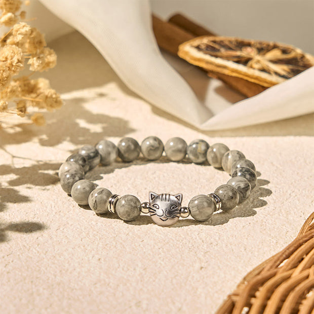 Buddha Stones Cute Cat Natural Grey Jasper Bead Healing Bracelet - image 3