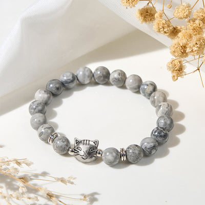 Buddha Stones Cute Cat Natural Grey Jasper Bead Healing Bracelet - Grey Jasper(Wrist Circumference: 16-19cm) - image 1