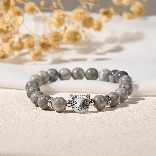 Buddha Stones Cute Cat Natural Grey Jasper Bead Healing Bracelet - image 2