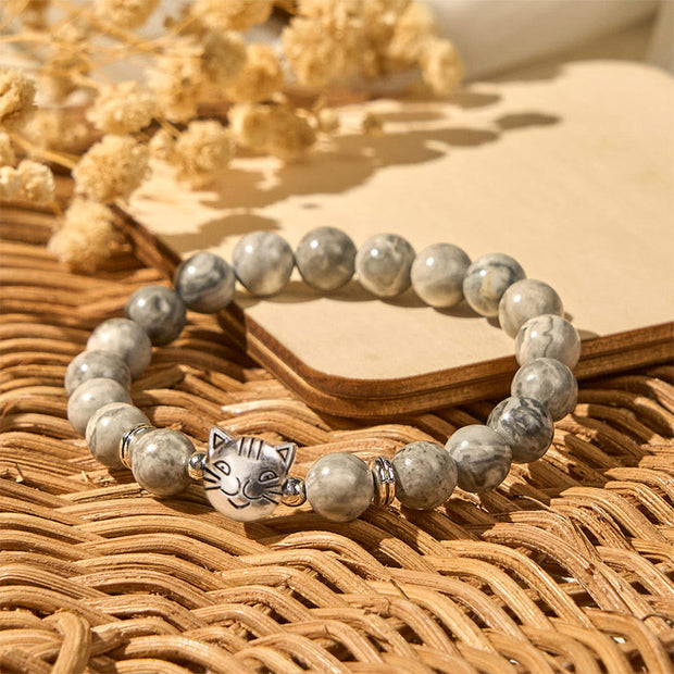 Buddha Stones Cute Cat Natural Grey Jasper Bead Healing Bracelet - image 4