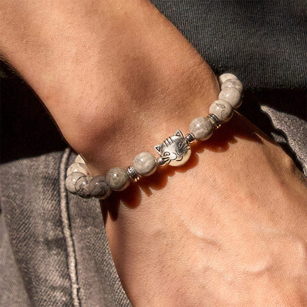 Buddha Stones Cute Cat Natural Grey Jasper Bead Healing Bracelet - image 7