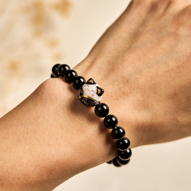 Buddha Stones Black Cat Natural Black Onyx Ceramic Kitten Fortune Bracelet - image 5