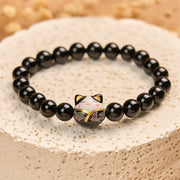 Buddha Stones Black Cat Natural Black Onyx Ceramic Kitten Fortune Bracelet - image 4