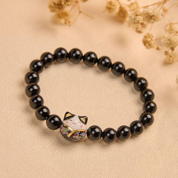 Buddha Stones Black Cat Natural Black Onyx Ceramic Kitten Fortune Bracelet - image 2