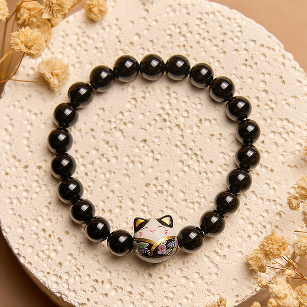 Buddha Stones Black Cat Natural Black Onyx Ceramic Kitten Fortune Bracelet - image 3