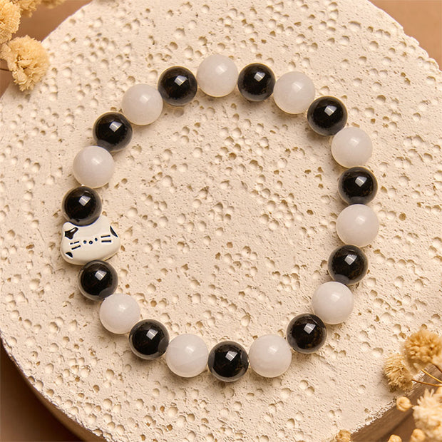 Buddha Stones Bicolor Cat Black Onyx White Chalcedony Fortune Bracelet - image 3
