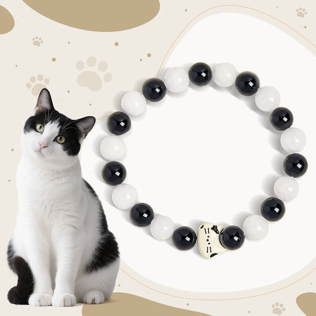 Buddha Stones Bicolor Cat Black Onyx White Chalcedony Fortune Bracelet - Black Onyx(Wrist Circumference 14-16cm) - image 1