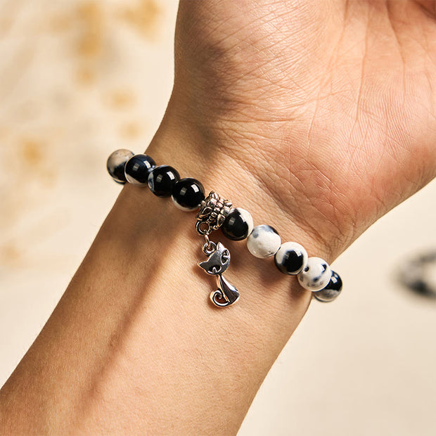 Buddha Stones Black and White Cat Fire Agate Bead Love Bracelet - image 5