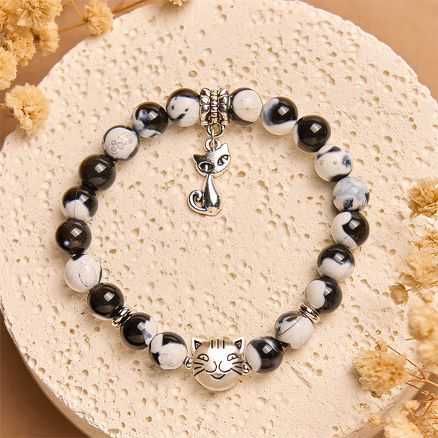 Buddha Stones Black and White Cat Fire Agate Bead Love Bracelet - image 2