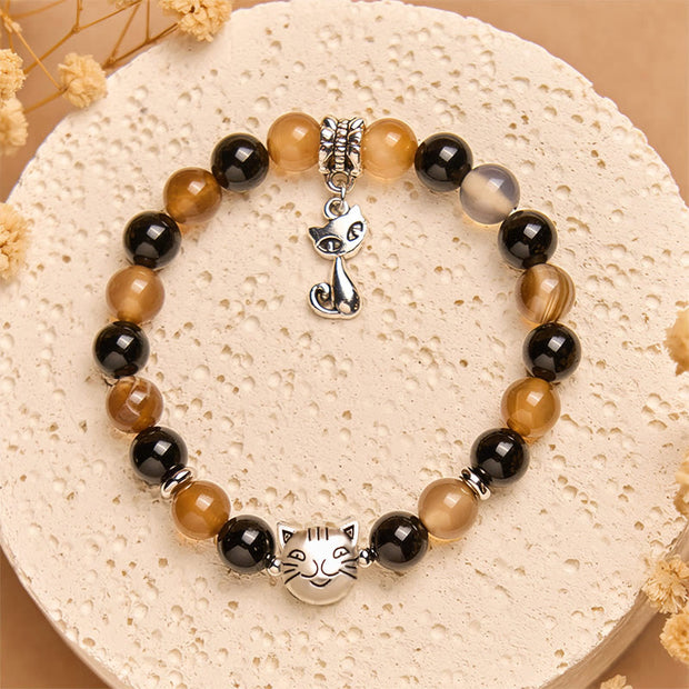 Buddha Stones Tortoiseshell Cat Light Brown Striped Agate Black Onyx Protection Bracelet - image 2