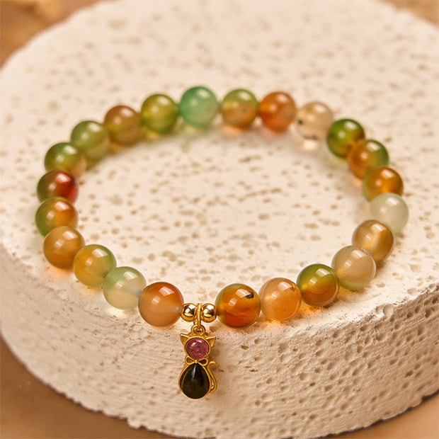 Buddha Stones 925 Sterling Silver Tourmaline Cat Natural Peacock Agate Courage Bracelet - image 2