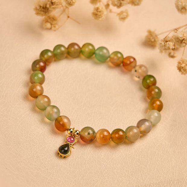 Buddha Stones 925 Sterling Silver Tourmaline Cat Natural Peacock Agate Courage Bracelet - image 3