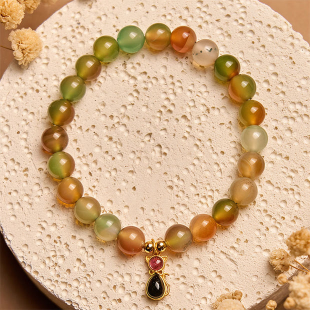 Buddha Stones 925 Sterling Silver Tourmaline Cat Natural Peacock Agate Courage Bracelet - Peacock Agate(Wrist Circumference 15-16cm) - image 1