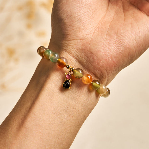 Buddha Stones 925 Sterling Silver Tourmaline Cat Natural Peacock Agate Courage Bracelet - image 4