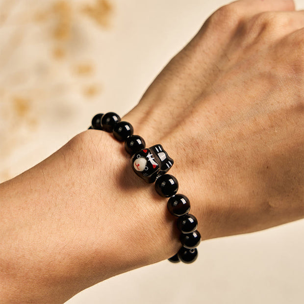 Buddha Stones Black Cat Natural Black Onyx Ceramic Kitten Support Bracelet - image 5