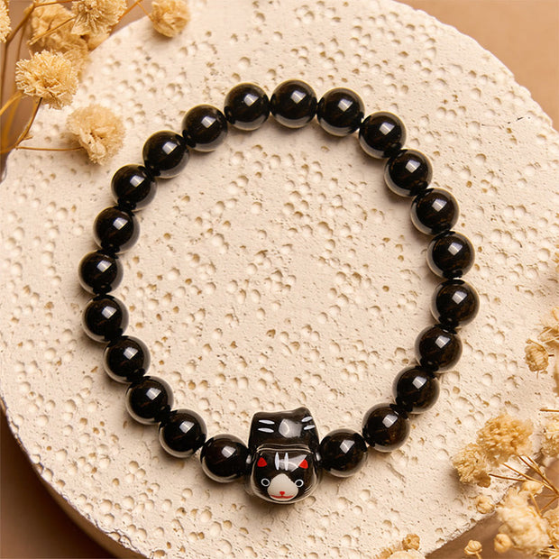 Buddha Stones Black Cat Natural Black Onyx Ceramic Kitten Support Bracelet - image 2