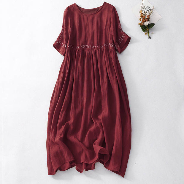 Buddha Stones Solid Color Embroidery Short Sleeve Cotton Midi Dress - FireBrick - US12，UK/AU16，EU44 (2XL) - image 17