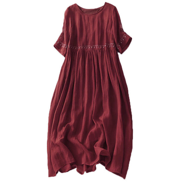 Buddha Stones Solid Color Embroidery Short Sleeve Cotton Midi Dress - image 25