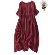 Buddha Stones Solid Color Embroidery Short Sleeve Cotton Midi Dress - image 21