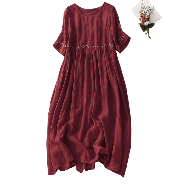Buddha Stones Solid Color Embroidery Short Sleeve Cotton Midi Dress - image 21