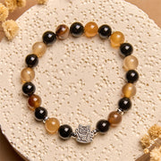 Buddha Stones 925 Sterling Silver Tortoiseshell Cat Light Brown Striped Agate Black Onyx Bracelet - image 3