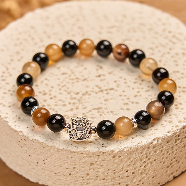 Buddha Stones 925 Sterling Silver Tortoiseshell Cat Light Brown Striped Agate Black Onyx Bracelet - image 4