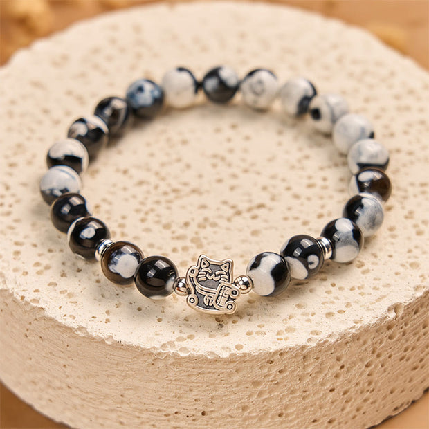 Buddha Stones 925 Sterling Silver Black and White Cat Fire Agate Bead Love Bracelet - image 4